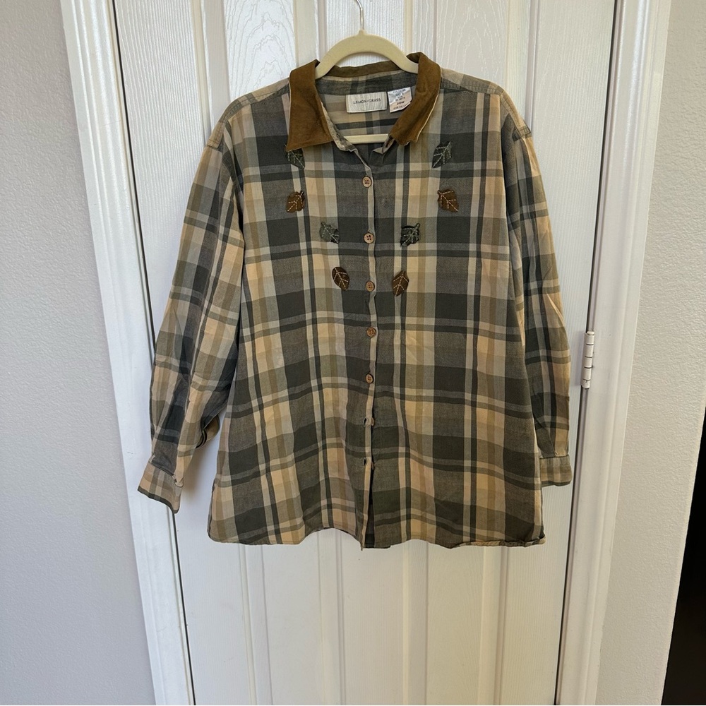VTG Lemon Grass Button Down with Suede Collar Size 24W Fall Leaves Autumn Colors